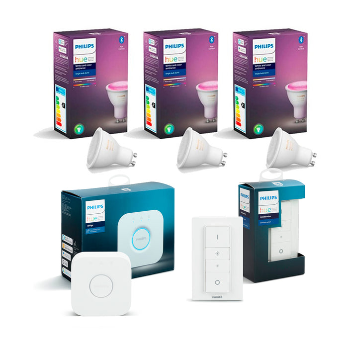 Pack Philips Hue Bridge + 3 Ampolletas Gu10 Color + Switch