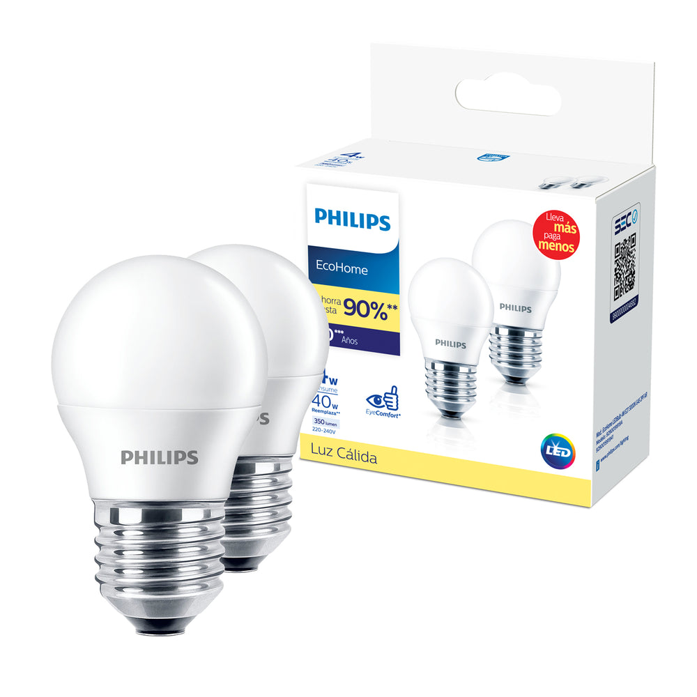 Pack 2 Ampolletas LED Philips Gota E27 G45 4W Luz Calida