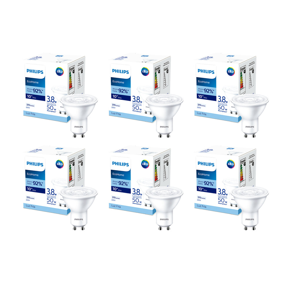 Pack 6 Ampolletas LED Philips GU10 3.8W Luz Fria