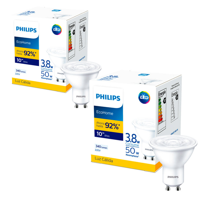 Pack 2 Ampolletas LED Philips GU10 3.8W Luz Calida