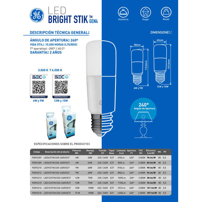 Ampolleta LED General Electric Stik 9W E27