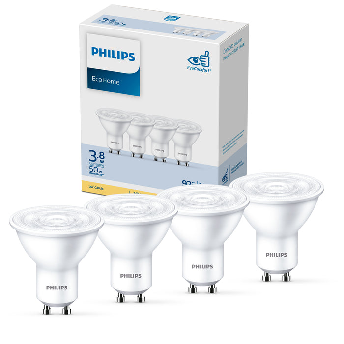 Pack 4 Ampolletas LED Philips GU10 3.8W Luz Calida