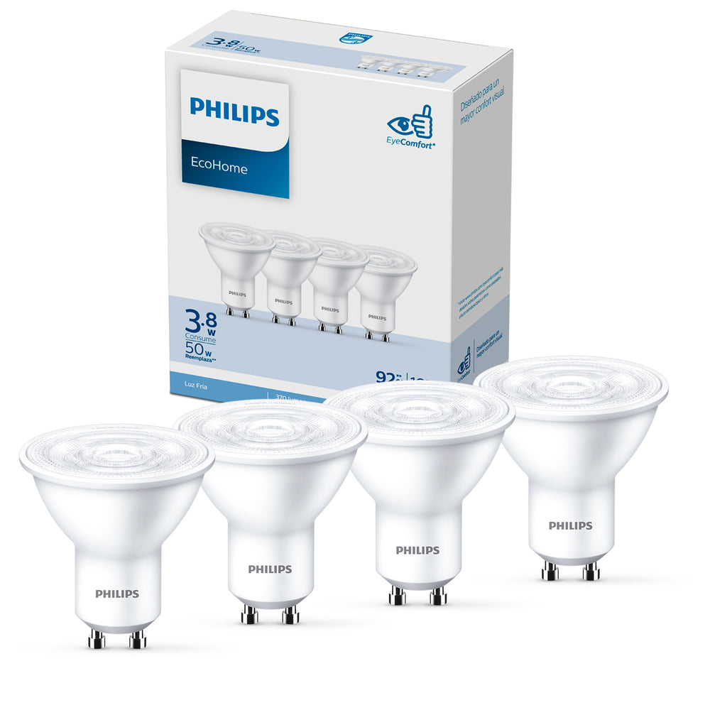 Pack 4 Ampolletas LED Philips GU10 3.8W Luz Fria