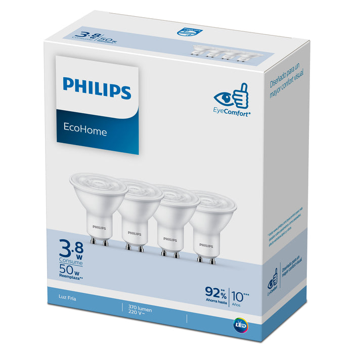 Pack 4 Ampolletas LED Philips GU10 3.8W Luz Fria