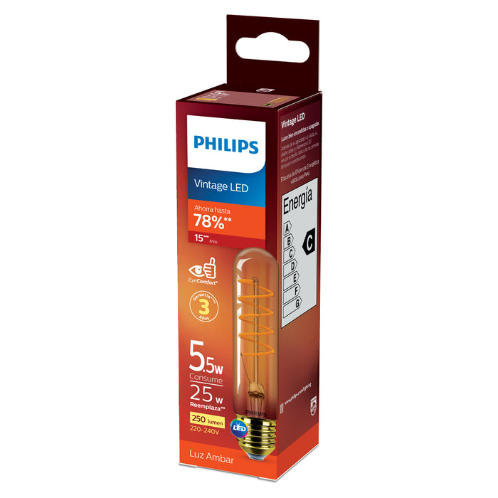 Ampolleta LED Philips Vintage Tubo E27 T32 5.5W Calida