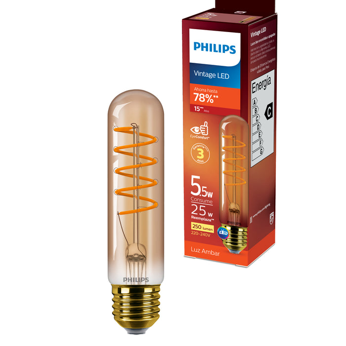 Ampolleta LED Philips Vintage Tubo E27 T32 5.5W Calida