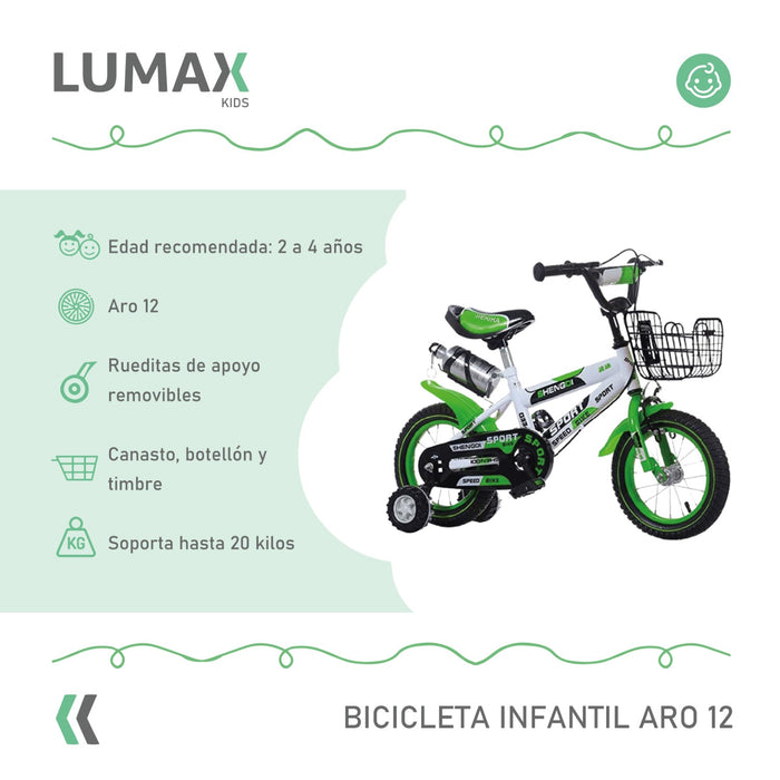 Bicicleta Infantil Lumax Aro 12 Verde Con Rueditas