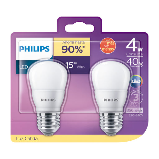 Ampolleta LED Philips 4W E27 Luz Calida Set de 2