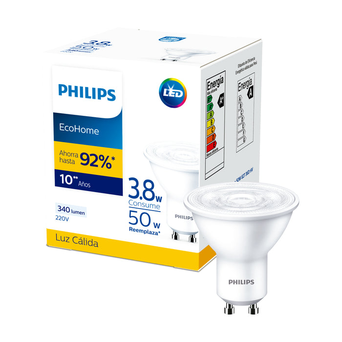 Pack 6 Ampolletas LED Philips GU10 3.8W Luz Calida